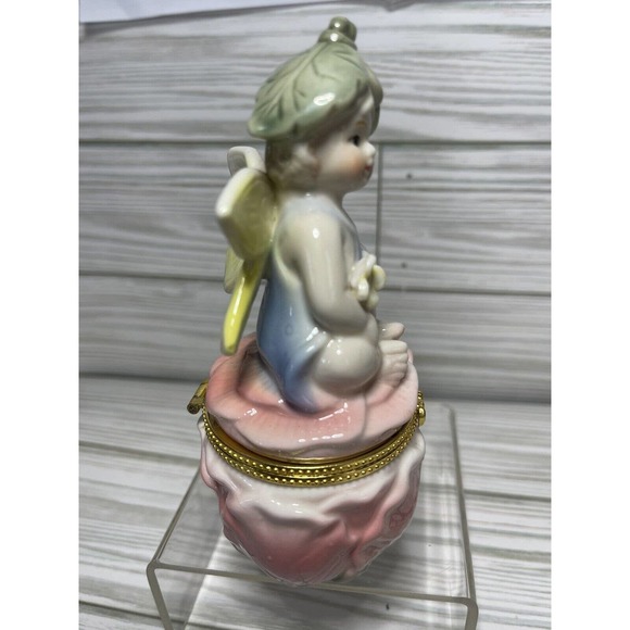 Vintage Hinged Trinket Box Fairy Angel Cherub Pink Yellow Florals 5.25" - Picture 4 of 9